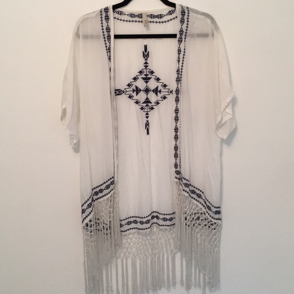 White and Navy Fringe Kimono
